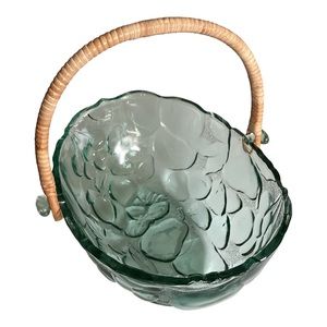Indiana Glass Garden Harvest Embossed Green Fruit Bowl Rattan Reed Handle Basket